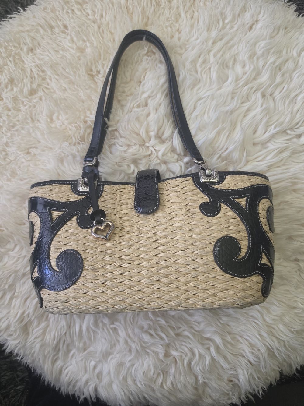 Brighton Straw Shoulder Bag with Black Trim and Heart Charm